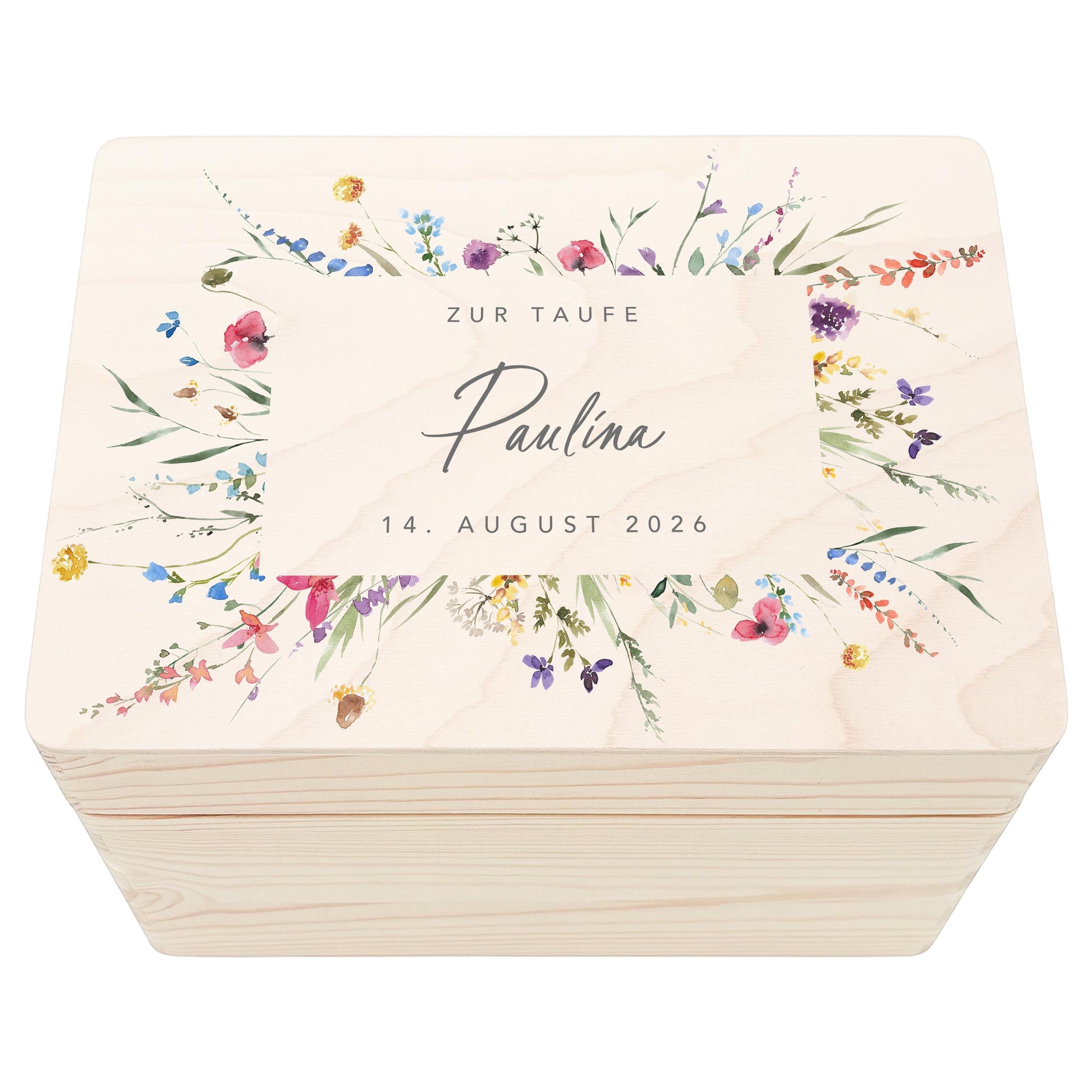 Erinnerungskiste Taufe Geschenk personalisiertes Taufgeschenk Mädchen Wildblumen Taufbox Holzkiste mit Deckel Holzbox 30x20x13 cm