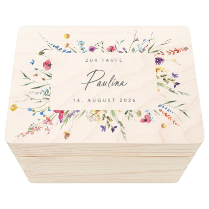 Erinnerungskiste Taufe Geschenk personalisiertes Taufgeschenk Mädchen Wildblumen Taufbox Holzkiste mit Deckel Holzbox 30x20x13 cm
