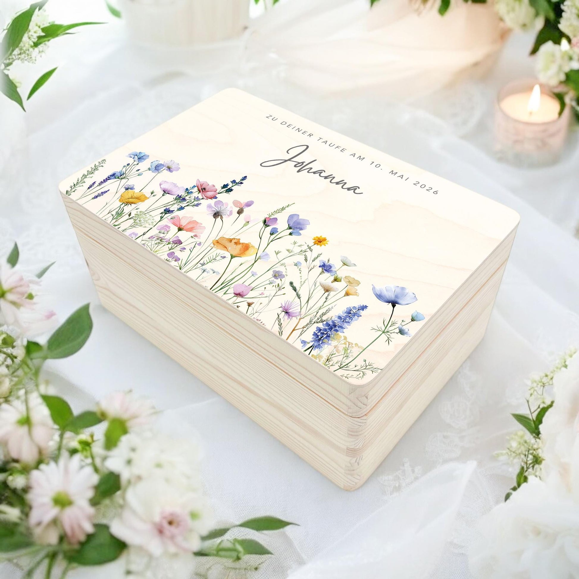 Taufgeschenk Mädchen Taufe Geschenk personalisierte Erinnerungskiste Wildblumen Taufbox Holzkiste mit Deckel Holzbox 30x20x13 cm