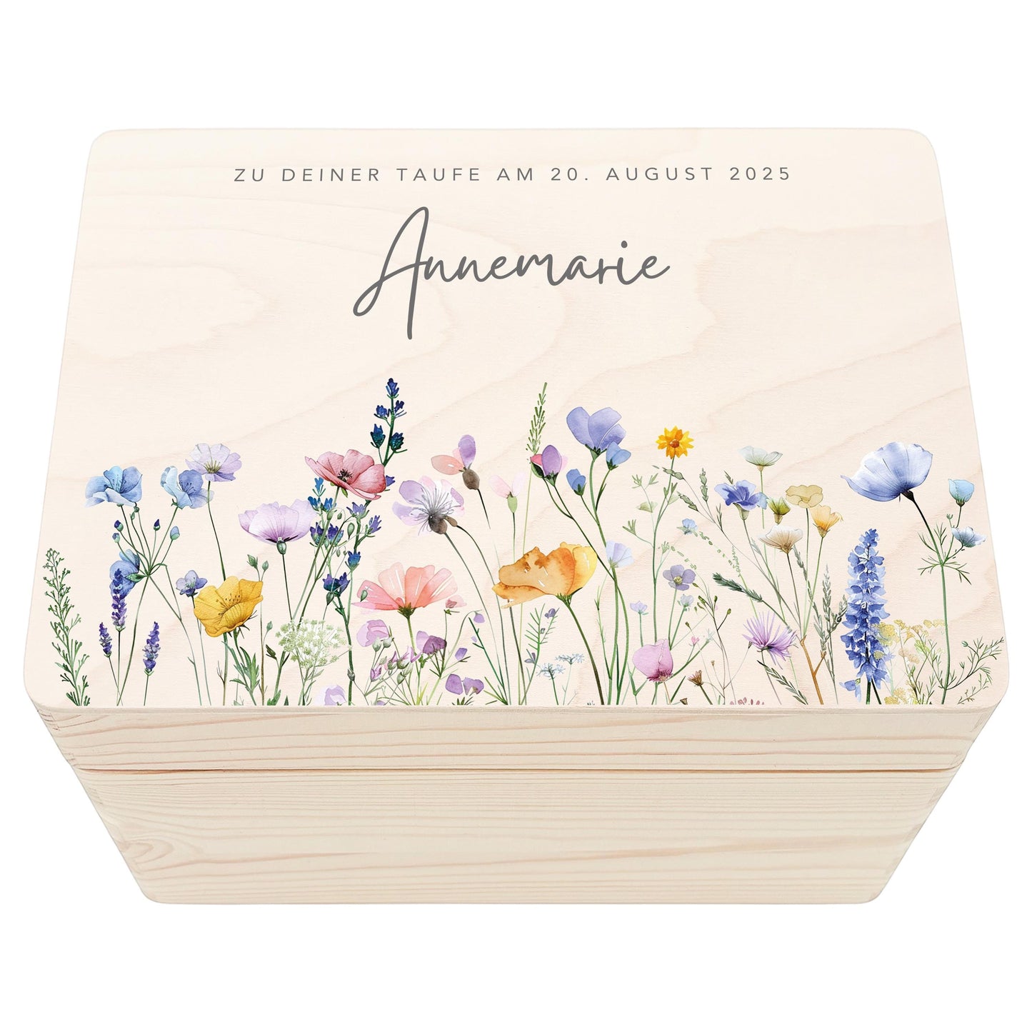 Taufgeschenk Mädchen Taufe Geschenk personalisierte Erinnerungskiste Wildblumen Taufbox Holzkiste mit Deckel Holzbox 30x20x13 cm
