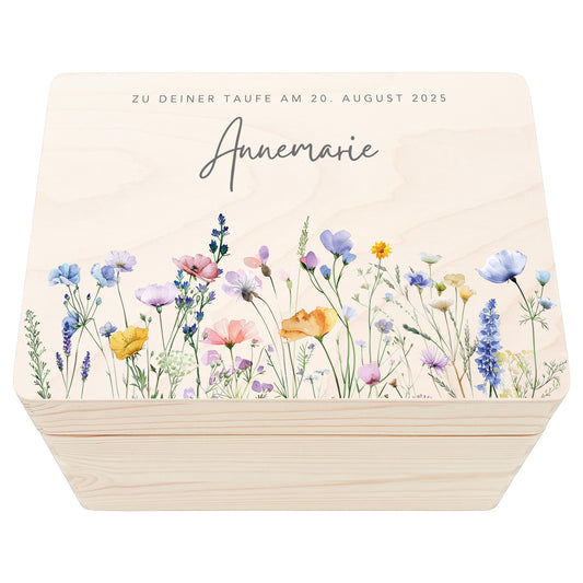 Taufgeschenk Mädchen Taufe Geschenk personalisierte Erinnerungskiste Wildblumen Taufbox Holzkiste mit Deckel Holzbox 30x20x13 cm