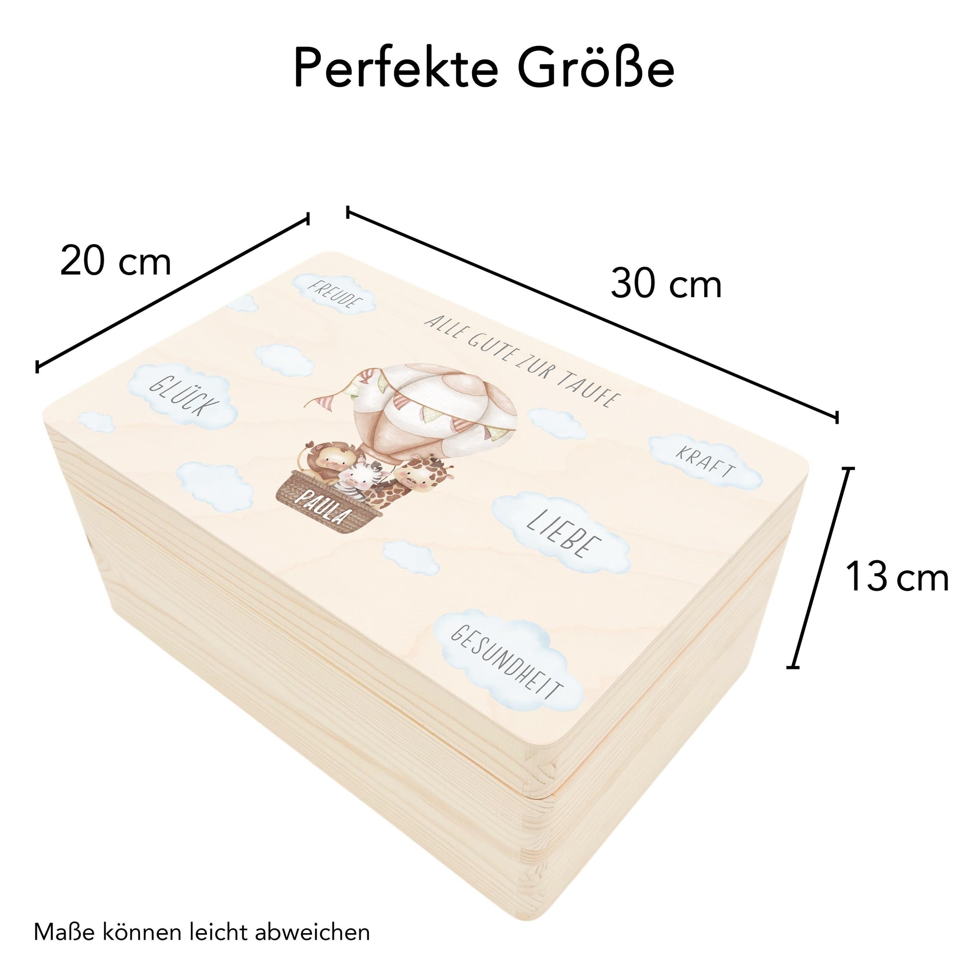 Erinnerungskiste Taufe Geschenk personalisiertes Taufgeschenk Junge Mädchen Heißluftballon Taufbox Holzkiste mit Deckel Holzbox 30x20x13 cm