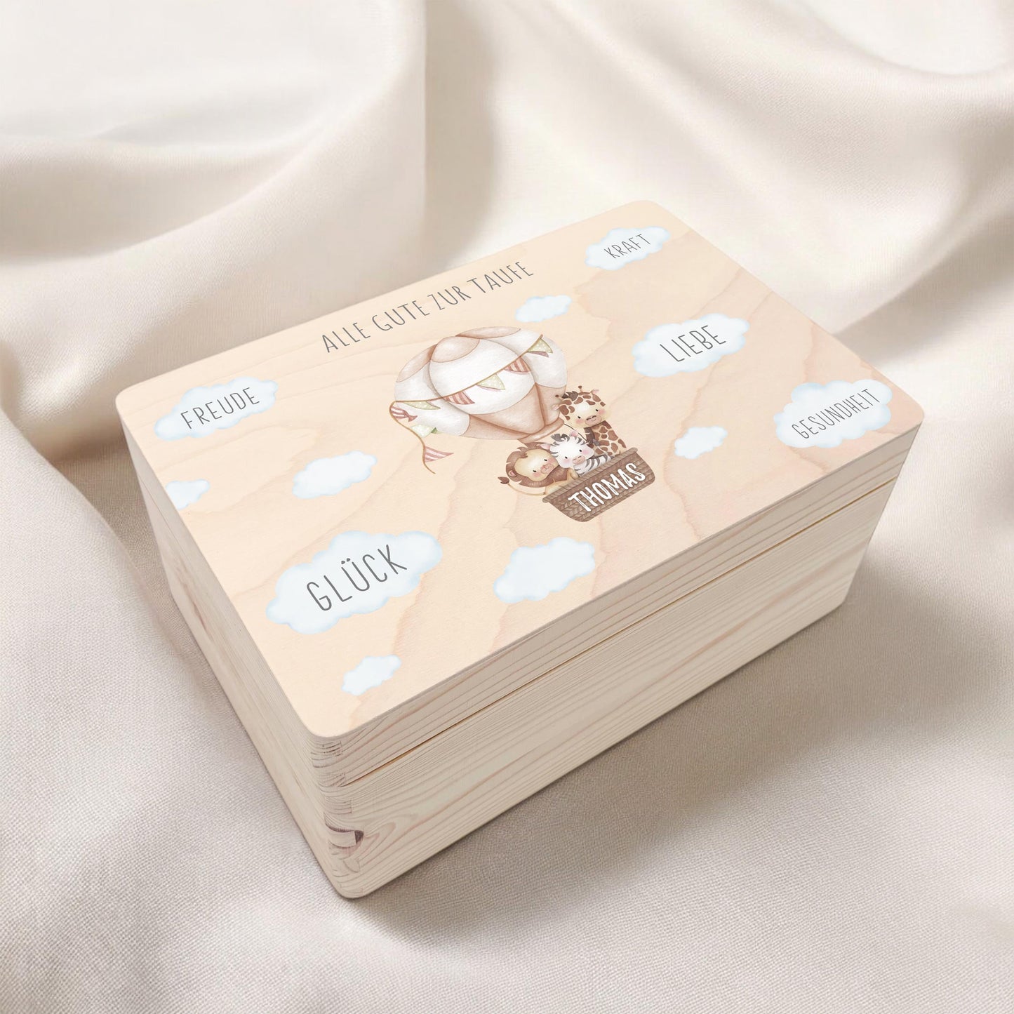 Erinnerungskiste Taufe Geschenk personalisiertes Taufgeschenk Junge Mädchen Heißluftballon Taufbox Holzkiste mit Deckel Holzbox 30x20x13 cm