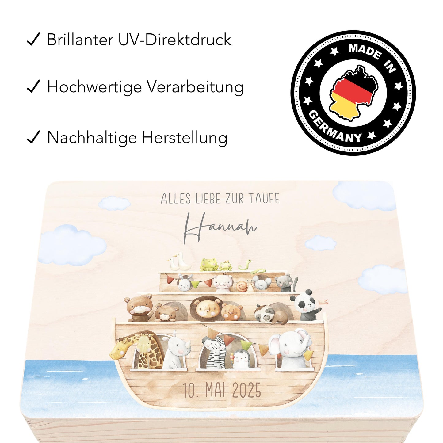 Erinnerungskiste Taufe Geschenk personalisiertes Taufgeschenk Junge Mädchen Arche Noah Taufbox Holzkiste mit Deckel Holzbox 30x20x13 cm