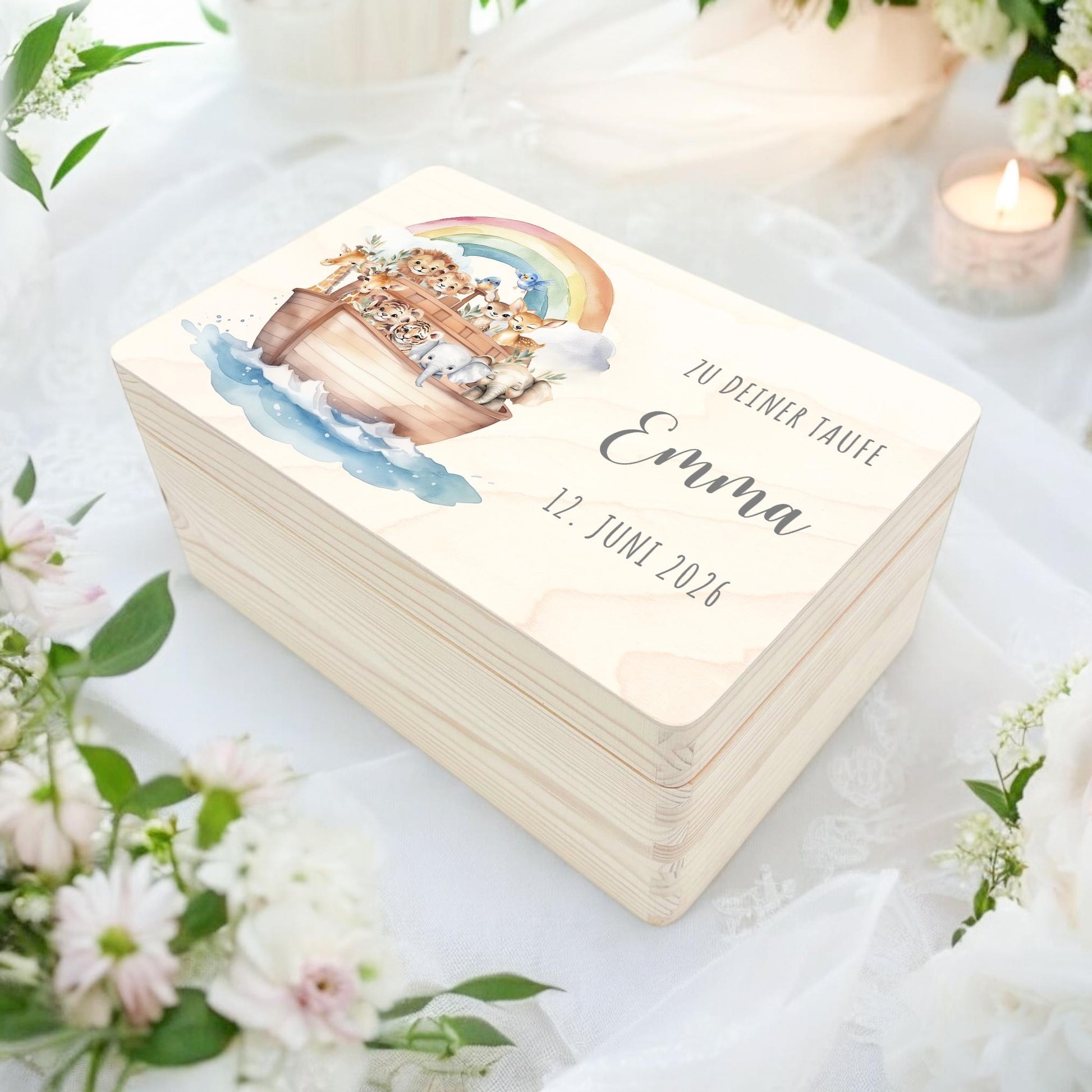 Taufgeschenk Junge Mädchen Erinnerungskiste Taufe Geschenk personalisierte Arche Noah Taufbox Holzkiste mit Deckel Holzbox 30x20x13 cm