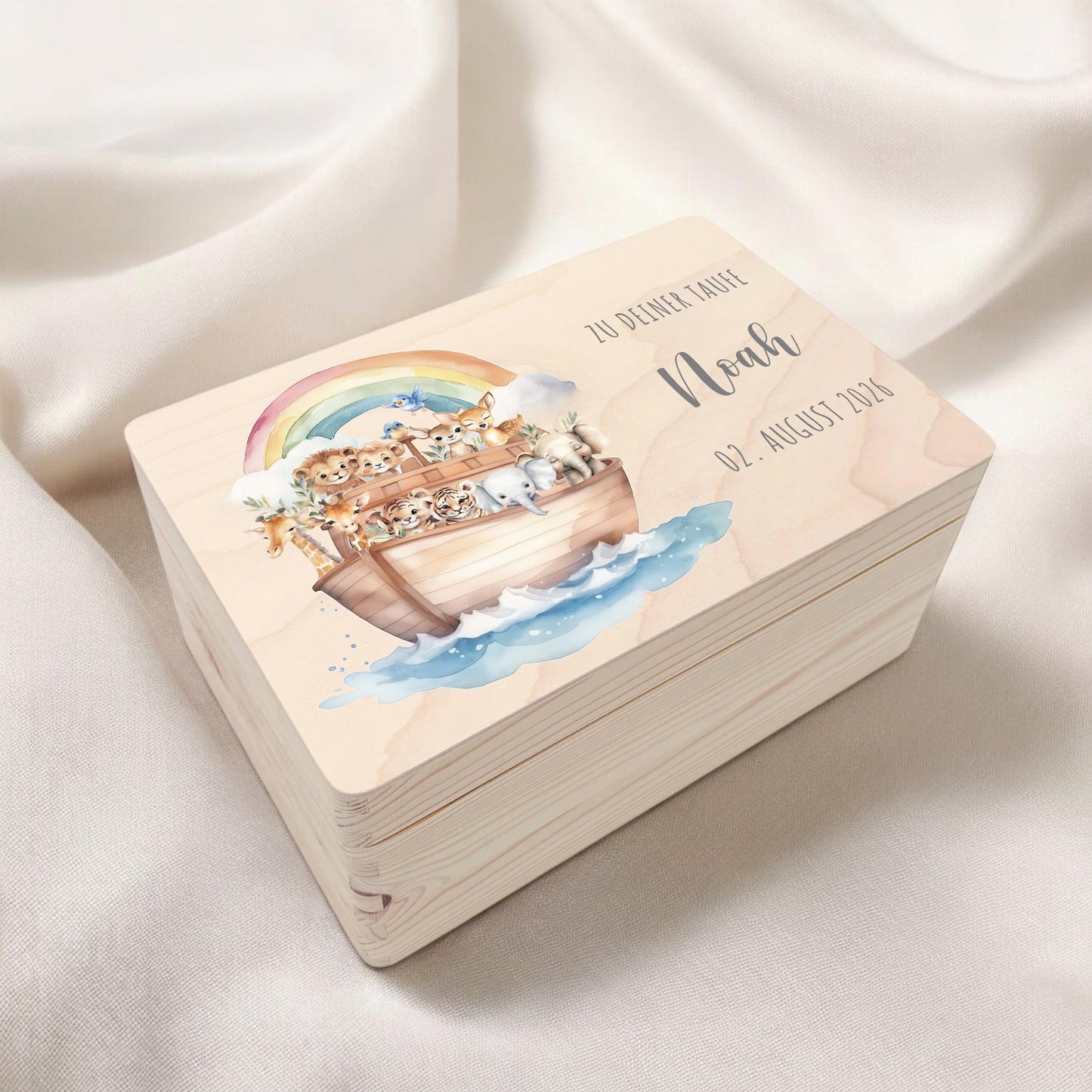 Taufgeschenk Junge Mädchen Erinnerungskiste Taufe Geschenk personalisierte Arche Noah Taufbox Holzkiste mit Deckel Holzbox 30x20x13 cm