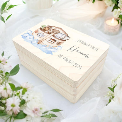 Erinnerungskiste Taufe Geschenk personalisierte Taufbox Taufgeschenk Junge Mädchen Arche Noah Holzkiste mit Deckel Holzbox 30x20x13 cm
