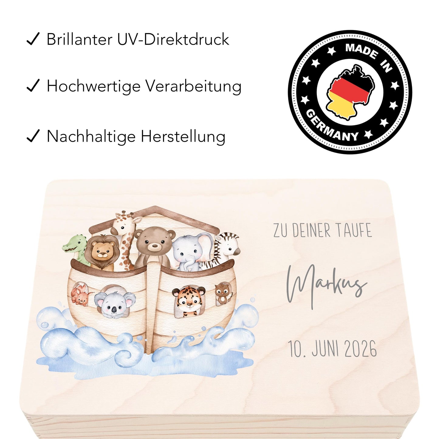Erinnerungskiste Taufe Geschenk personalisierte Taufbox Taufgeschenk Junge Mädchen Arche Noah Holzkiste mit Deckel Holzbox 30x20x13 cm