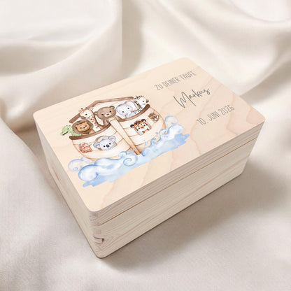 Erinnerungskiste Taufe Geschenk personalisierte Taufbox Taufgeschenk Junge Mädchen Arche Noah Holzkiste mit Deckel Holzbox 30x20x13 cm