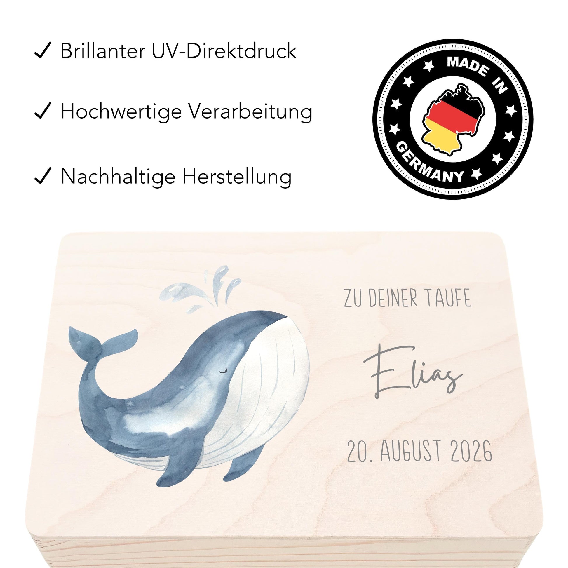 Erinnerungskiste Taufe Geschenk personalisiertes Taufgeschenk Junge Wahl Taufbox Holzkiste mit Deckel Holzbox 30x20x13 cm