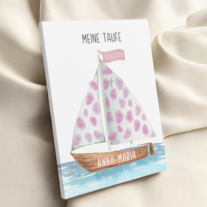 Taufgeschenk Gästebuch Taufe Gästebild personalisierte Leinwand für Fingerabdrücke Segelboot Geschenk Erinnerung 30x40 cm (OHNE Farbe)