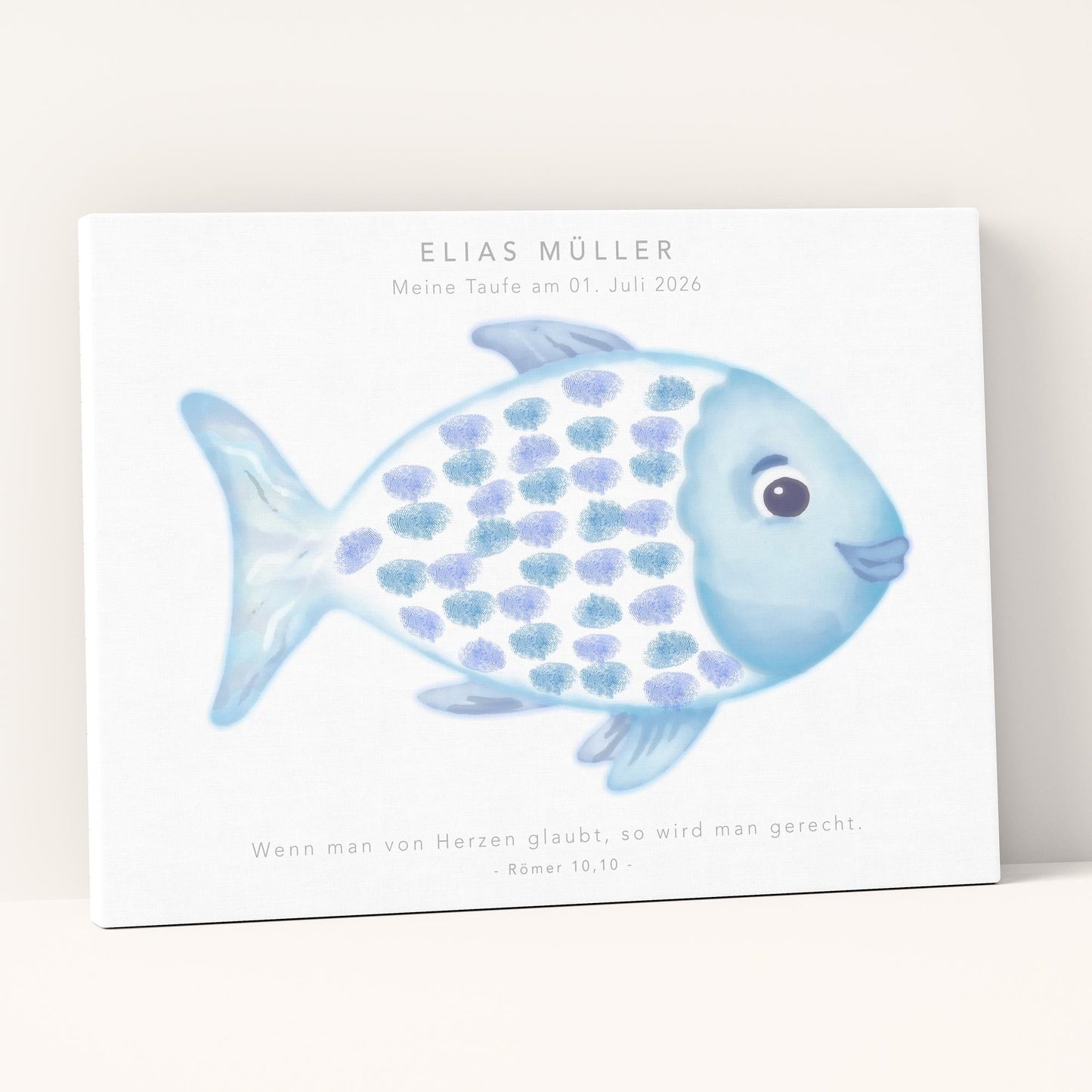 Gästebuch Taufe Gästebild Taufgeschenk personalisierte Leinwand für Fingerabdrücke Fisch Geschenk Erinnerung 30x40 cm (OHNE Farbe)