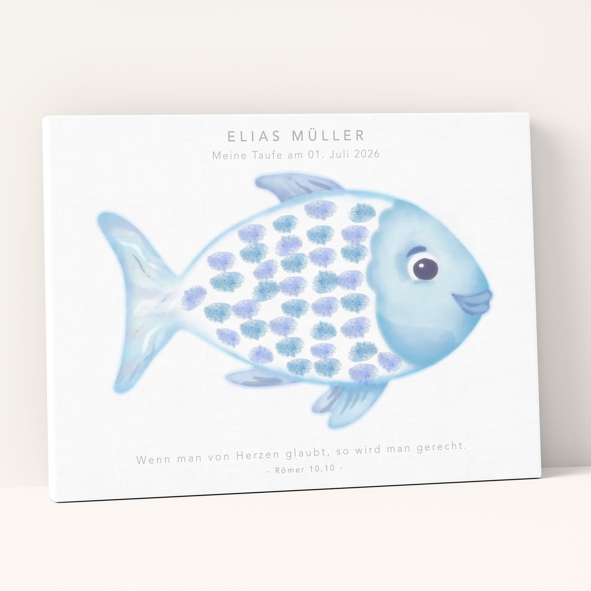 Gästebuch Taufe Gästebild Taufgeschenk personalisierte Leinwand für Fingerabdrücke Fisch Geschenk Erinnerung 30x40 cm (OHNE Farbe)