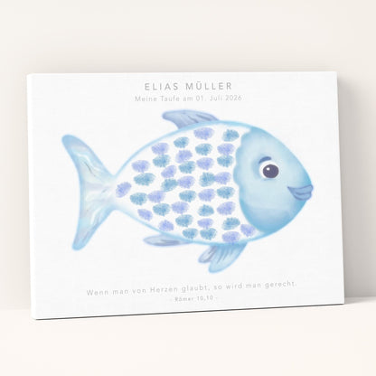 Gästebuch Taufe Gästebild Taufgeschenk personalisierte Leinwand für Fingerabdrücke Fisch Geschenk Erinnerung 30x40 cm (OHNE Farbe)