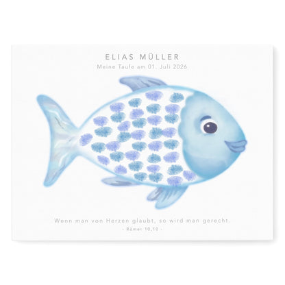 Gästebuch Taufe Gästebild Taufgeschenk personalisierte Leinwand für Fingerabdrücke Fisch Geschenk Erinnerung 30x40 cm (OHNE Farbe)