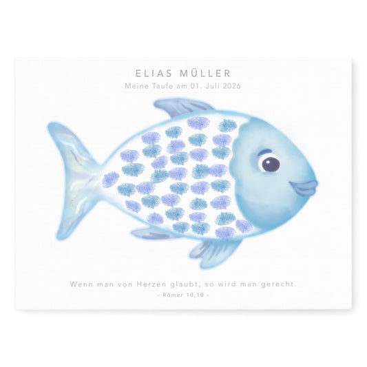 Gästebuch Taufe Gästebild Taufgeschenk personalisierte Leinwand für Fingerabdrücke Fisch Geschenk Erinnerung 30x40 cm (OHNE Farbe)