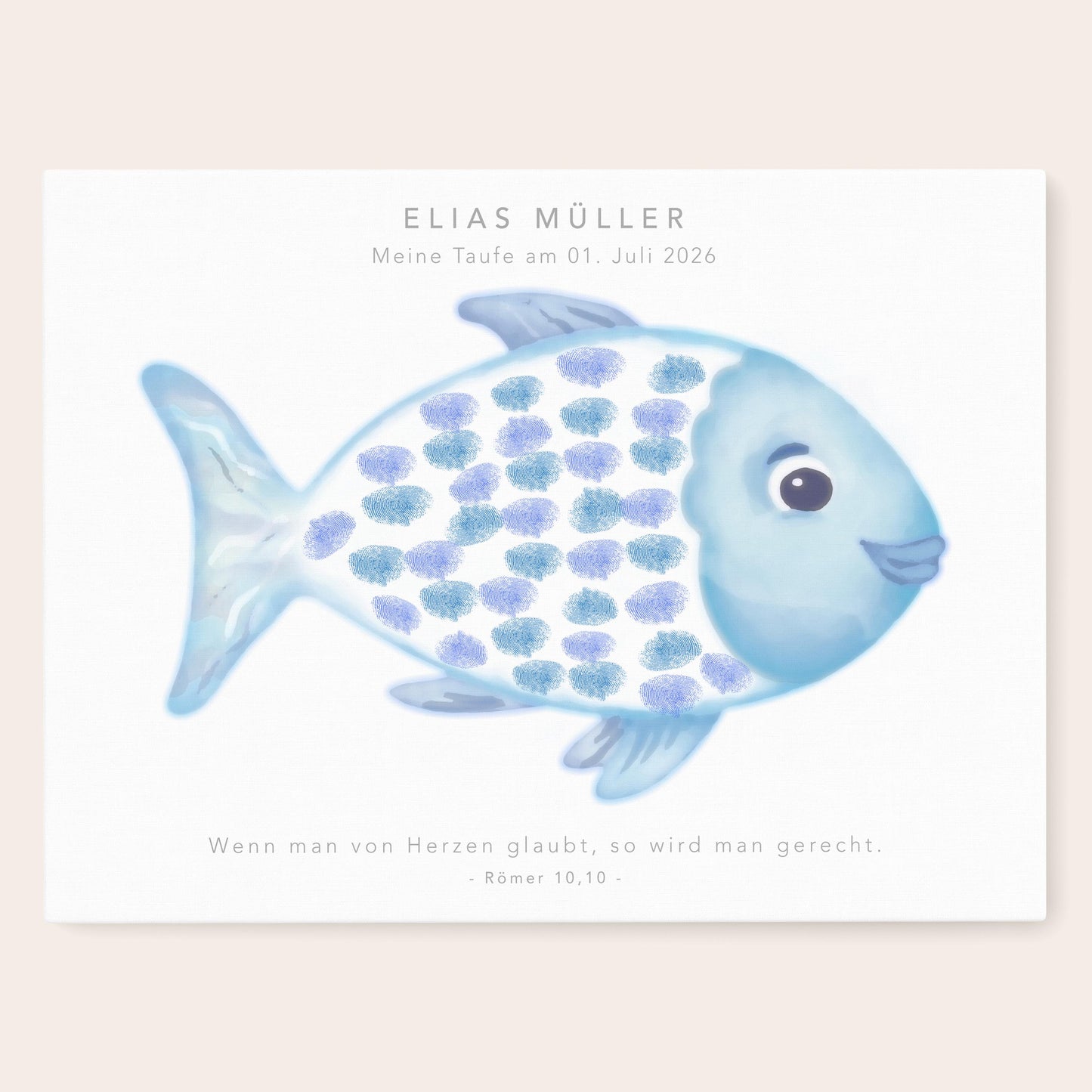 Gästebuch Taufe Gästebild Taufgeschenk personalisierte Leinwand für Fingerabdrücke Fisch Geschenk Erinnerung 30x40 cm (OHNE Farbe)