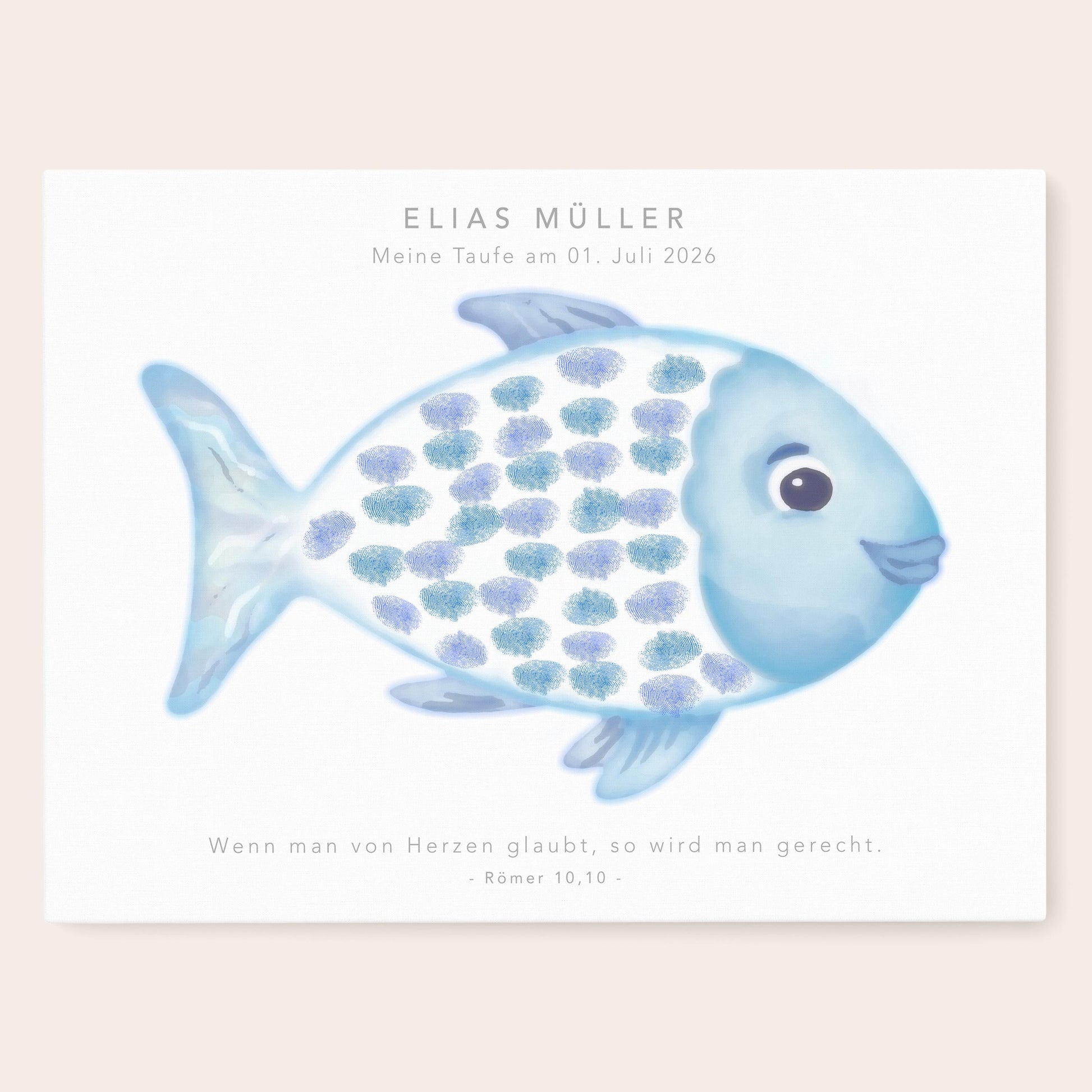 Gästebuch Taufe Gästebild Taufgeschenk personalisierte Leinwand für Fingerabdrücke Fisch Geschenk Erinnerung 30x40 cm (OHNE Farbe)