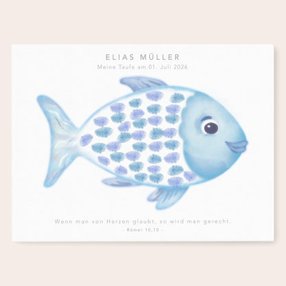 Gästebuch Taufe Gästebild Taufgeschenk personalisierte Leinwand für Fingerabdrücke Fisch Geschenk Erinnerung 30x40 cm (OHNE Farbe)