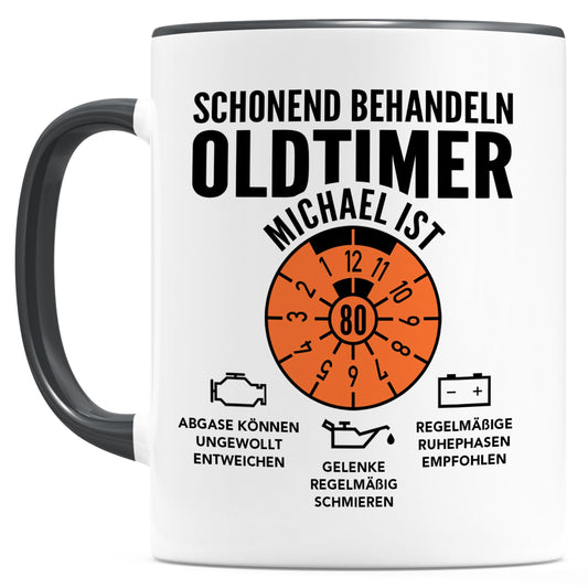 Oldtimer Tasse 80. Geburtstag Mann personalisiert mit Namen Geschenk für Männer Geburtstagsgeschenk Kaffeetasse aus Keramik 330 ml