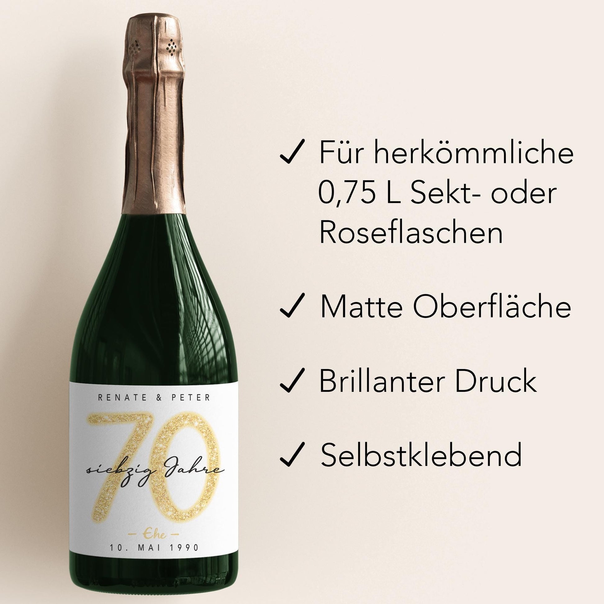 Geschenk Gnadenhochzeit personalisierte Flaschenetiketten Hochzeitstag Hochzeit Jubiläum 70 Jahre Etiketten Sektflasche 2 Stk. | 9x13 cm