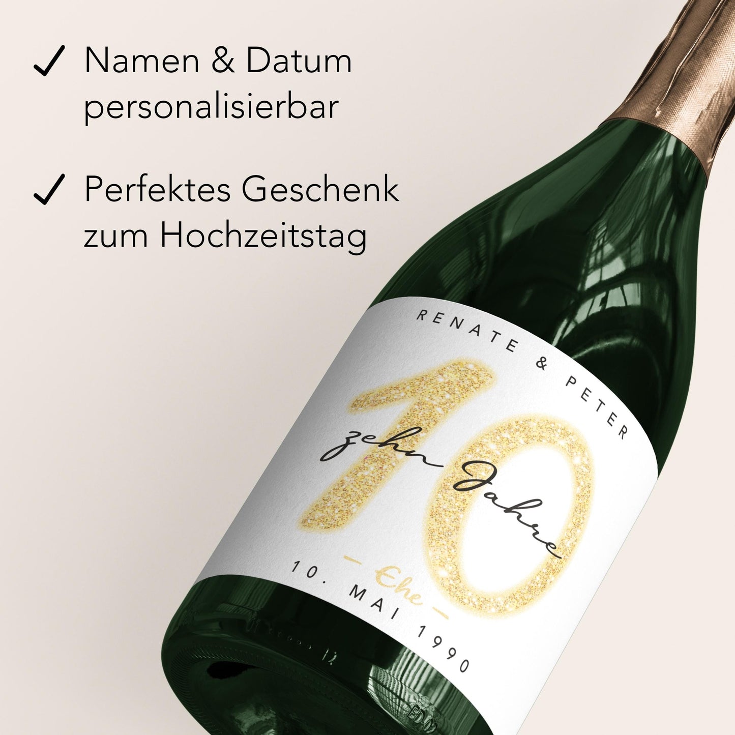 Geschenk Rosenhochzeit personalisierte Flaschenetiketten Hochzeitstag Hochzeit Jubiläum 10 Jahre Etiketten Sektflasche 2 Stk. | 9x13 cm