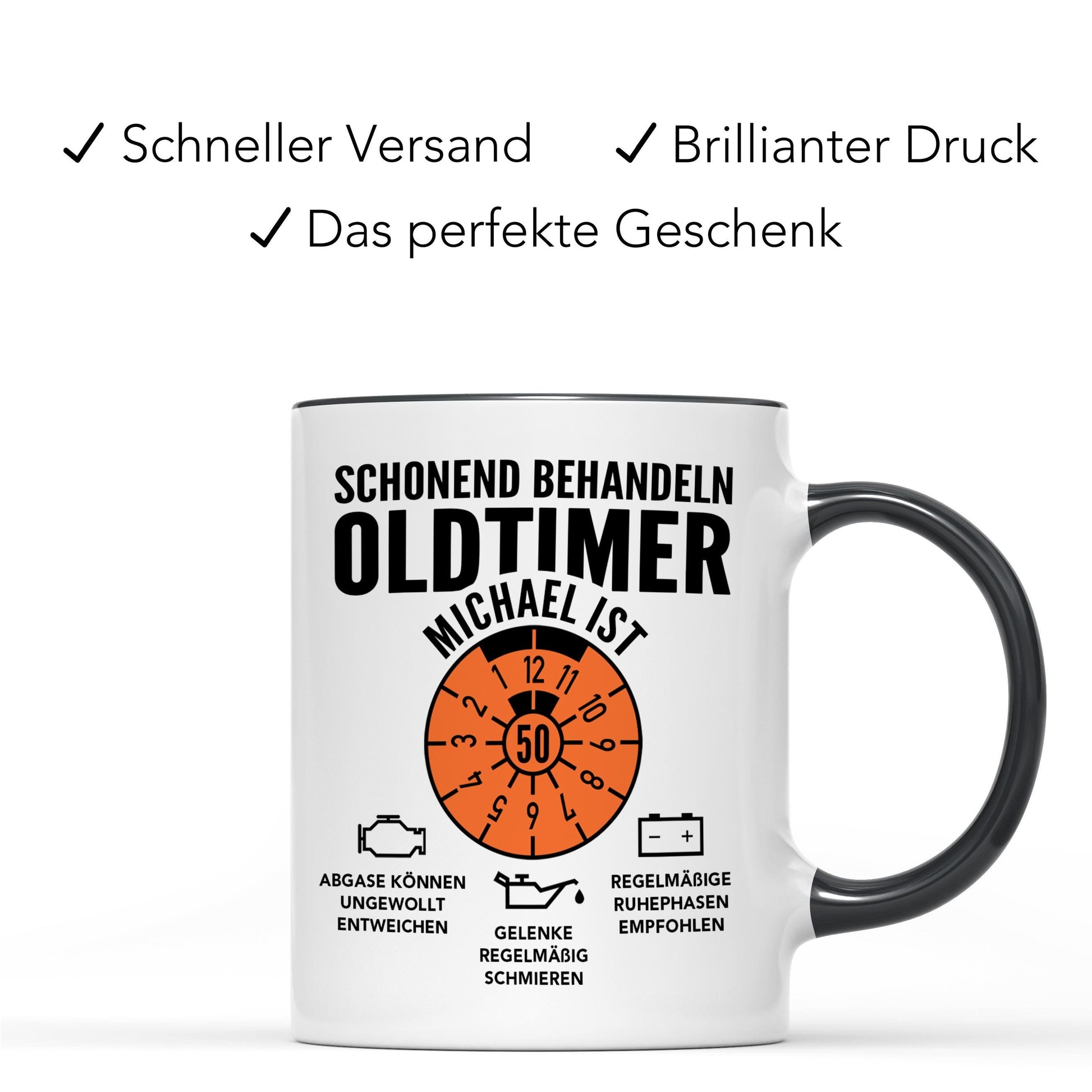 Oldtimer Tasse 50. Geburtstag Mann personalisiert mit Namen Geschenk für Männer Geburtstagsgeschenk Kaffeetasse aus Keramik 330 ml