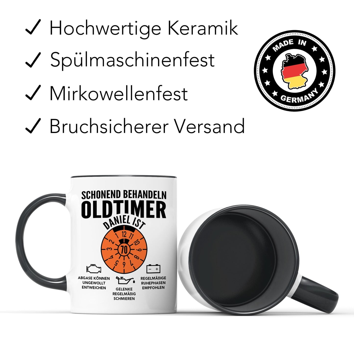 Oldtimer Tasse 70. Geburtstag Mann personalisiert mit Namen Geschenk für Männer Geburtstagsgeschenk Kaffeetasse aus Keramik 330 ml