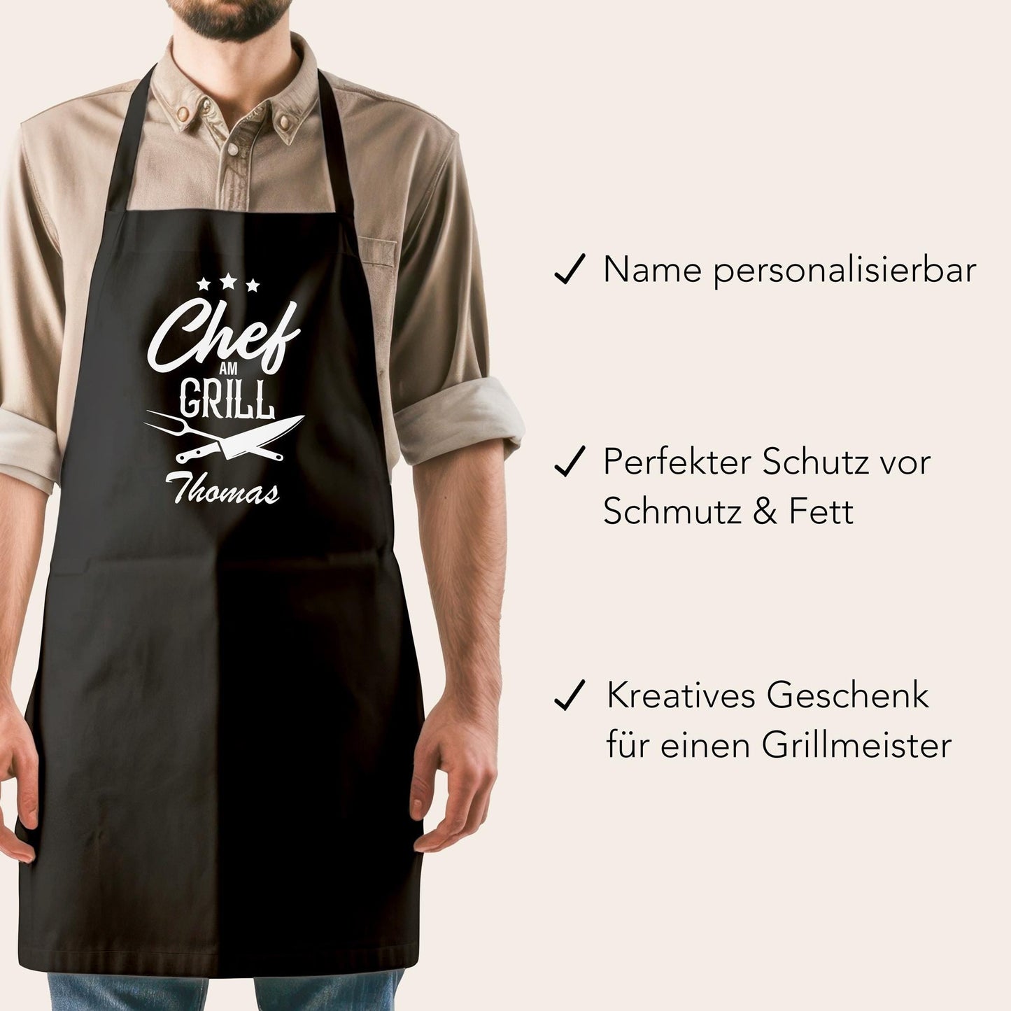 Personalisierte Grillschürze Mann Kochschürze Herren lustiges Grillzubehör Geschenk Grillgeschenk für Männer Grillmeister Schürze Schwarz