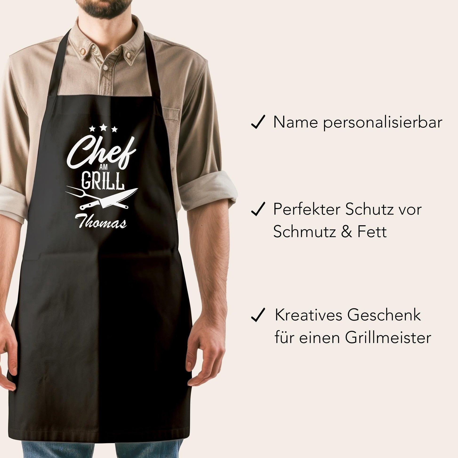 Personalisierte Grillschürze Mann Kochschürze Herren lustiges Grillzubehör Geschenk Grillgeschenk für Männer Grillmeister Schürze Schwarz