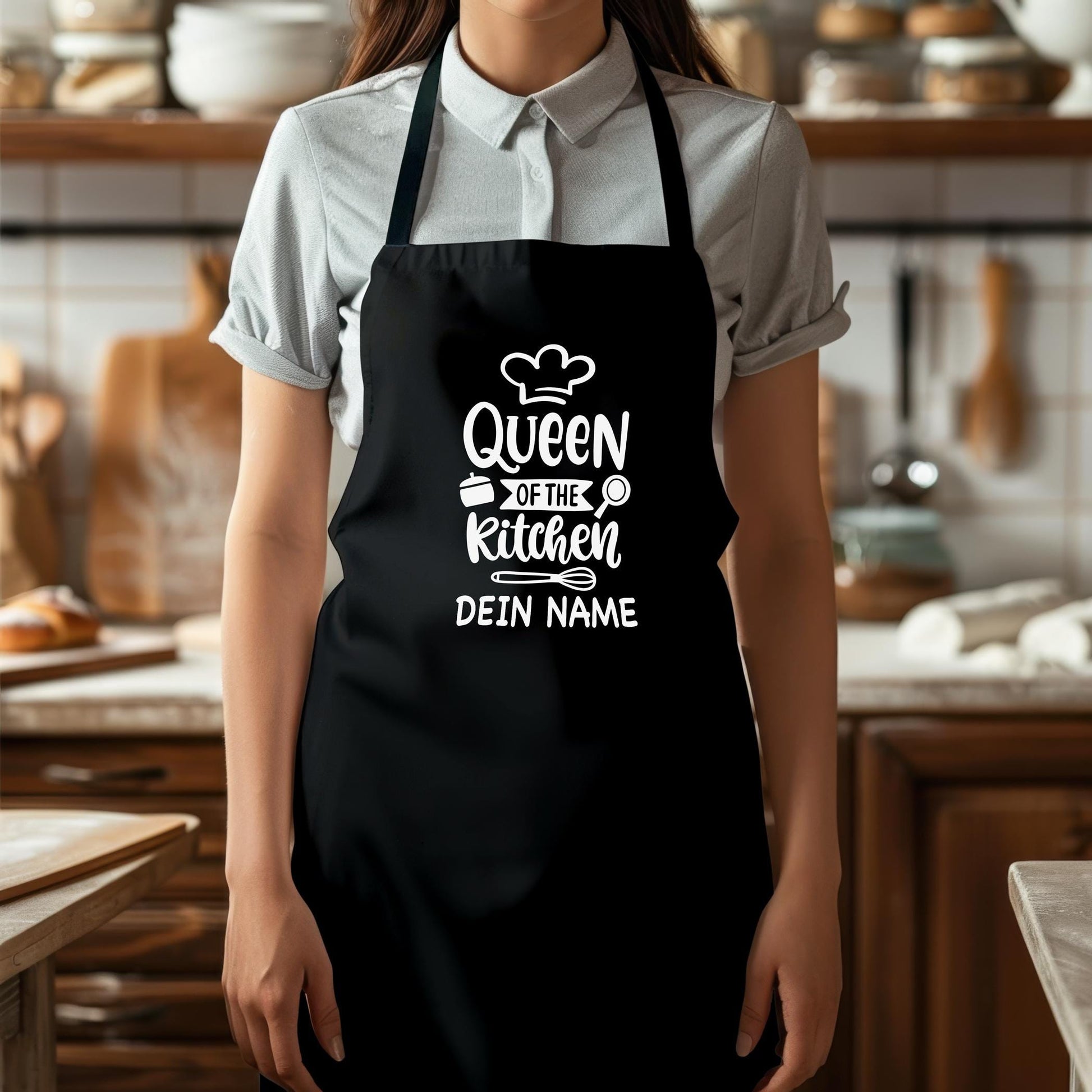 Kochschürze Damen personalisiert Schürze für Frauen lustiges Geschenk "Queen of the kitchen" Küchenschürze Backschürze Schwarz