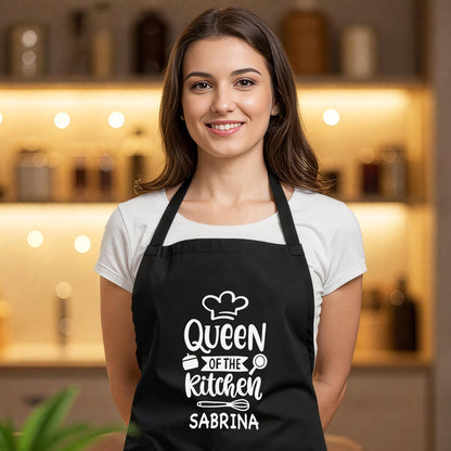 Kochschürze Damen personalisiert Schürze für Frauen lustiges Geschenk "Queen of the kitchen" Küchenschürze Backschürze Schwarz
