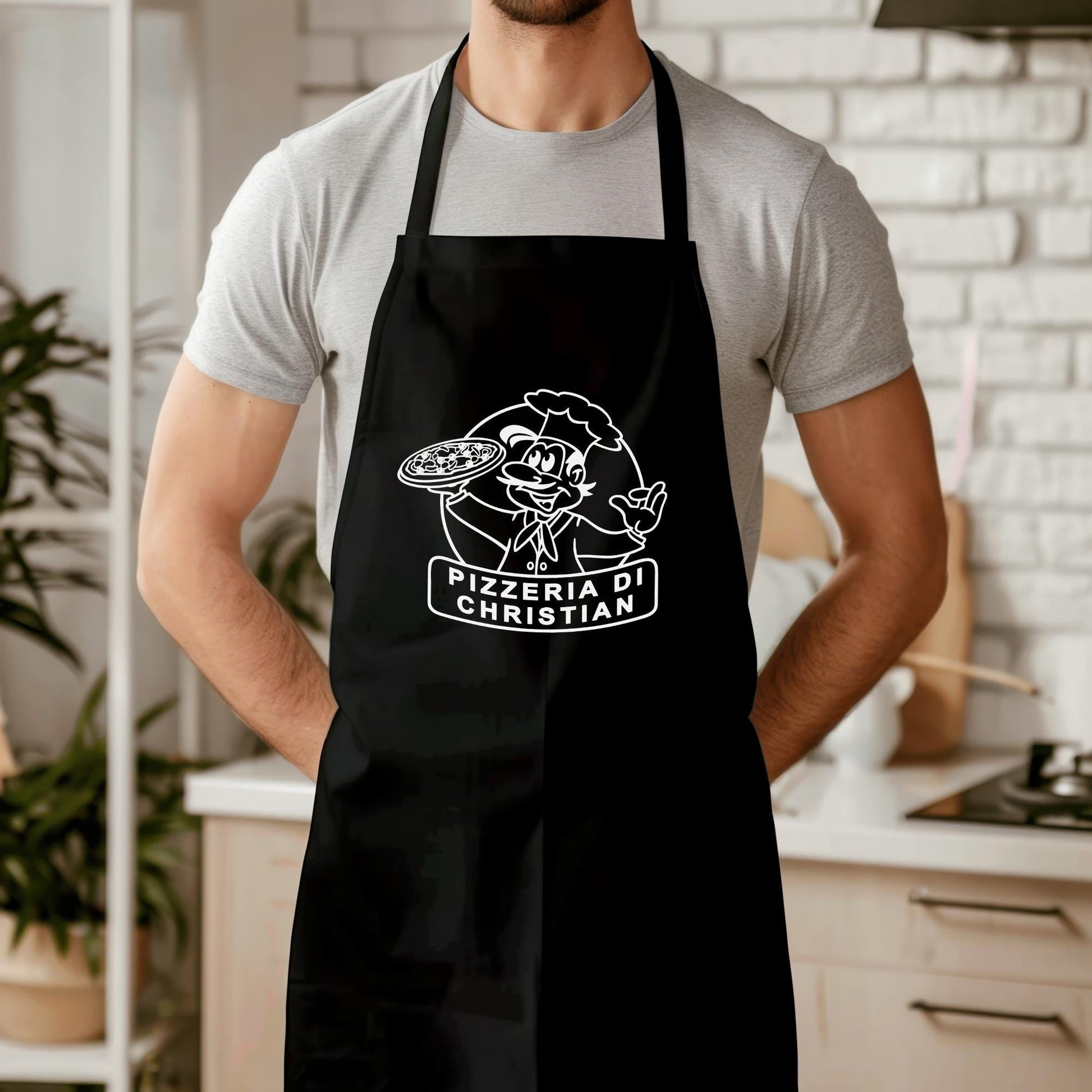 Pizza Schürze personalisierte Pizzabäcker Kochschürze Herren Frauen lustiges Geschenk Pizzeria Küchenschürze Schwarz