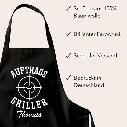 Auftragsgriller Grillschürze Mann personalisiert Kochschürze Herren lustiges Grillzubehör Geschenk Grillgeschenk Männer Schürze Schwarz