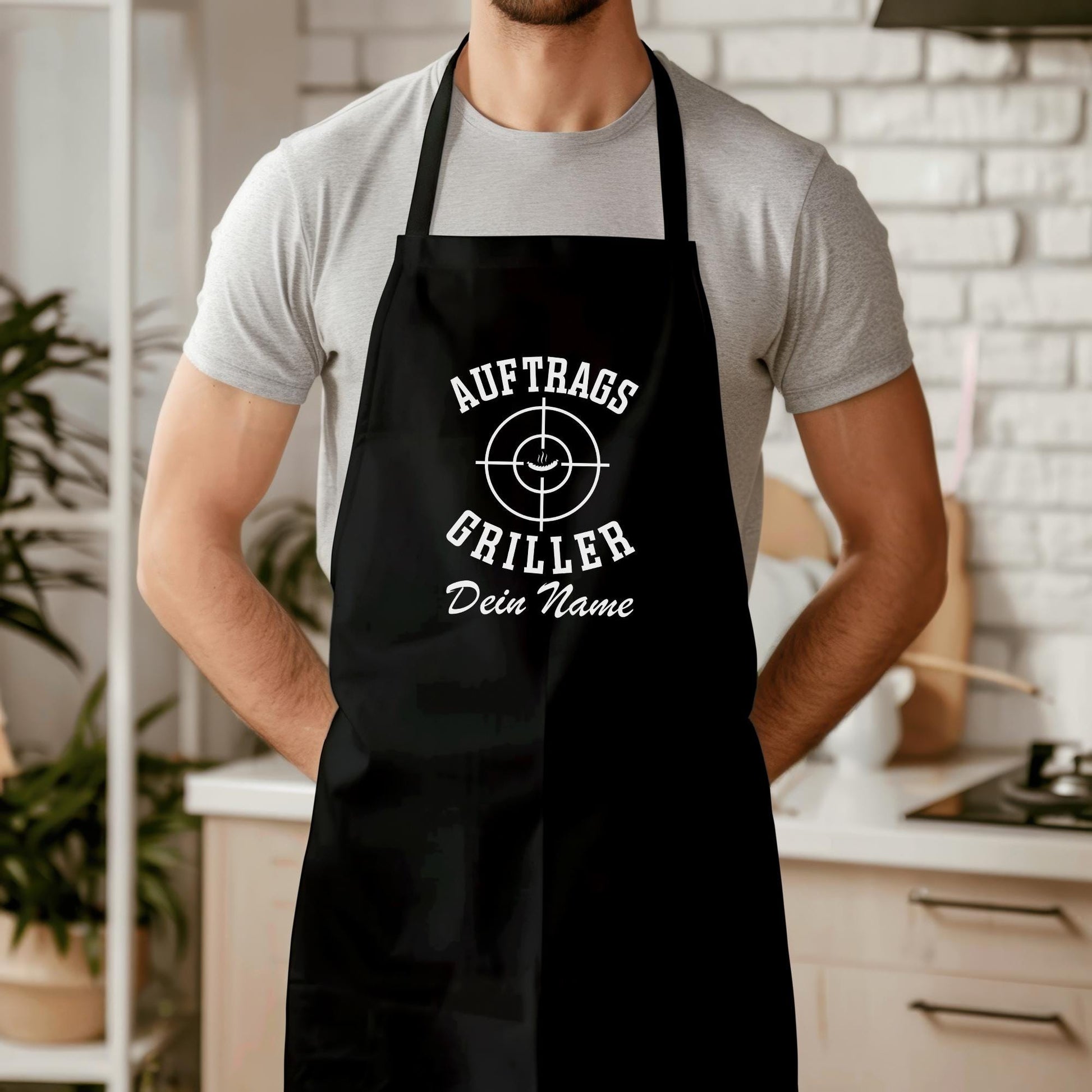 Auftragsgriller Grillschürze Mann personalisiert Kochschürze Herren lustiges Grillzubehör Geschenk Grillgeschenk Männer Schürze Schwarz