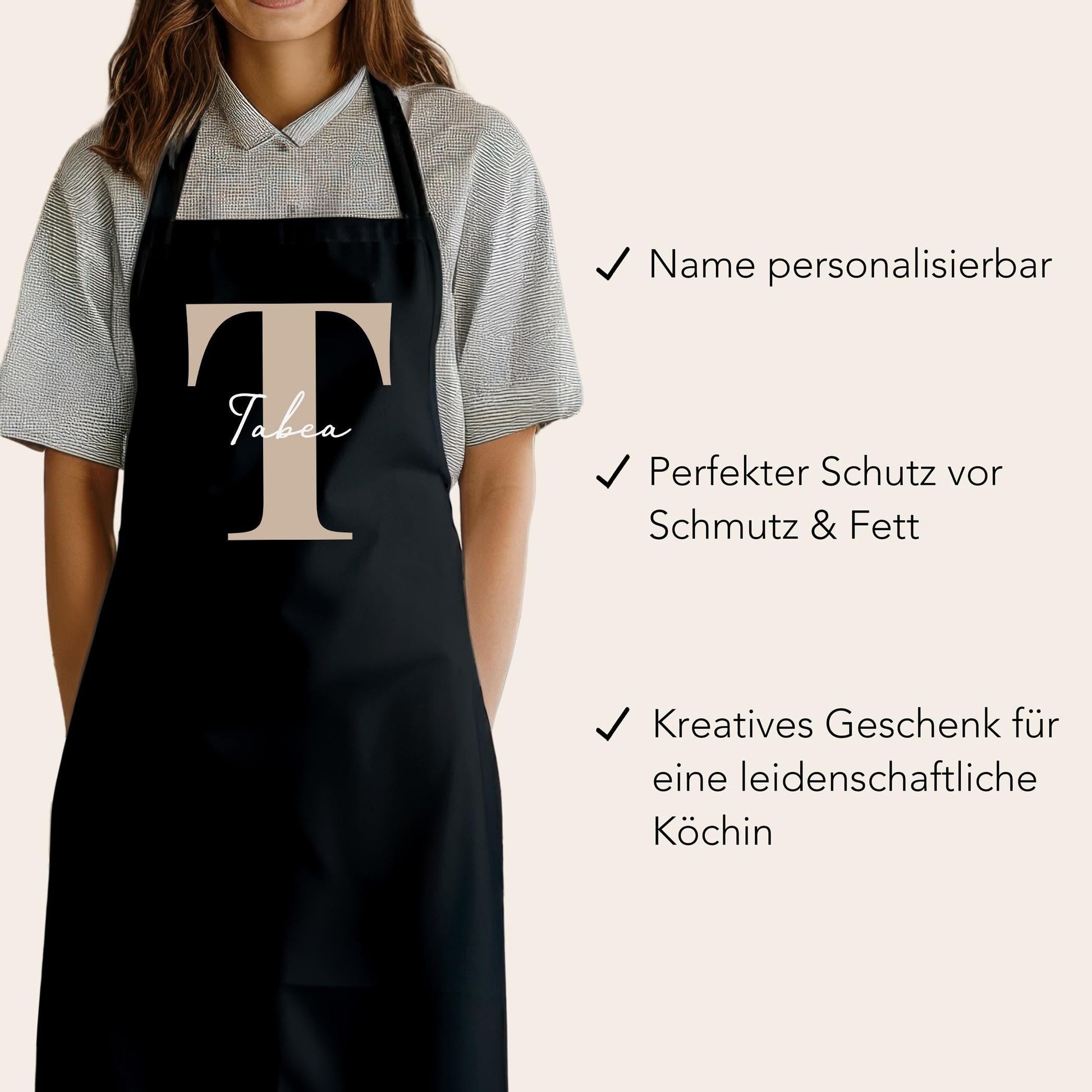 Kochschürze Damen Schürze personalisiert Geschenk für Mama Oma Frauen Küchenschürze Buchstabe Überwurfschürze Backschürze Schwarz
