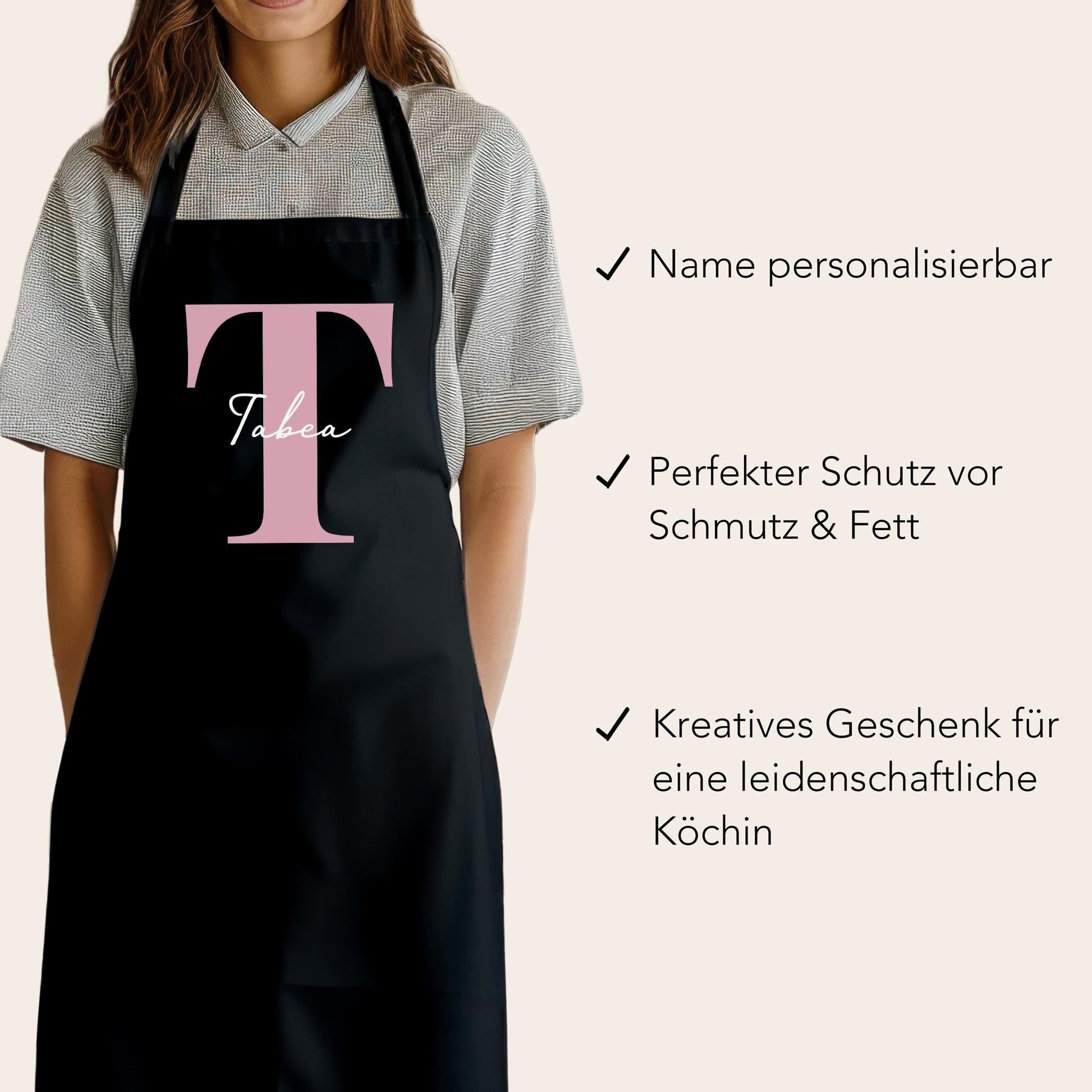 Kochschürze Damen Schürze personalisiert Geschenk für Mama Oma Frauen Küchenschürze Buchstabe Überwurfschürze Backschürze Schwarz