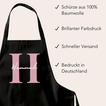Kochschürze Damen Schürze personalisiert Geschenk für Mama Oma Frauen Küchenschürze Buchstabe Überwurfschürze Backschürze Schwarz