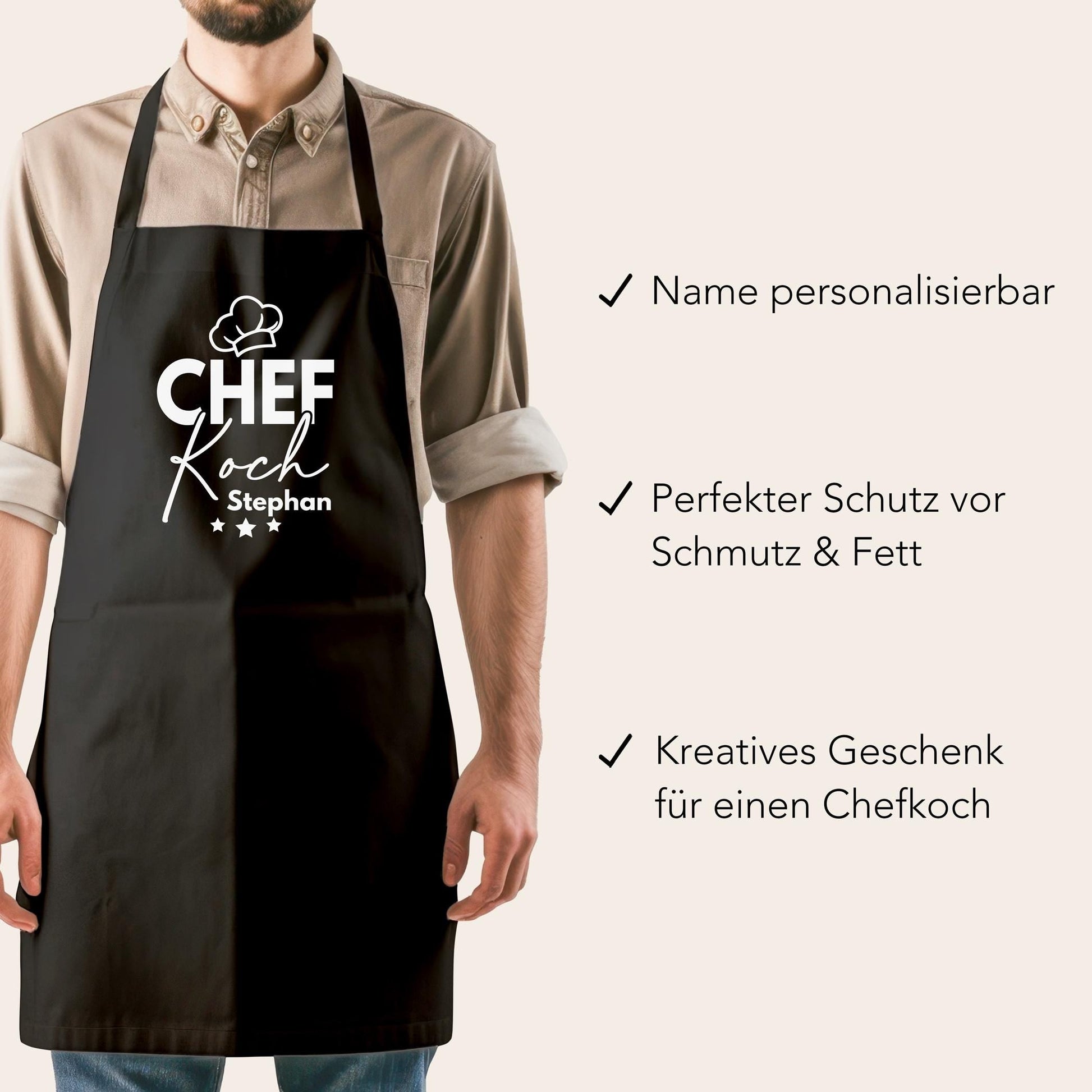 Kochschürze Mann Schürze Chefkoch personalisiert Küchenschürze Männer Geschenk Koch Grillschürze Schwarz