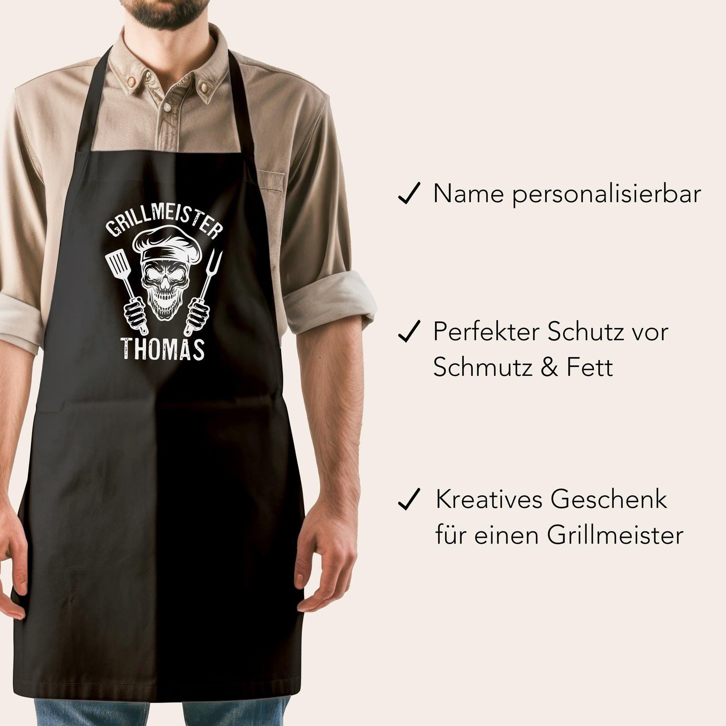 Grillmeister Grillschürze Mann personalisiert Kochschürze Herren lustiges Grillzubehör Geschenk Grillgeschenk Männer Schürze Schwarz