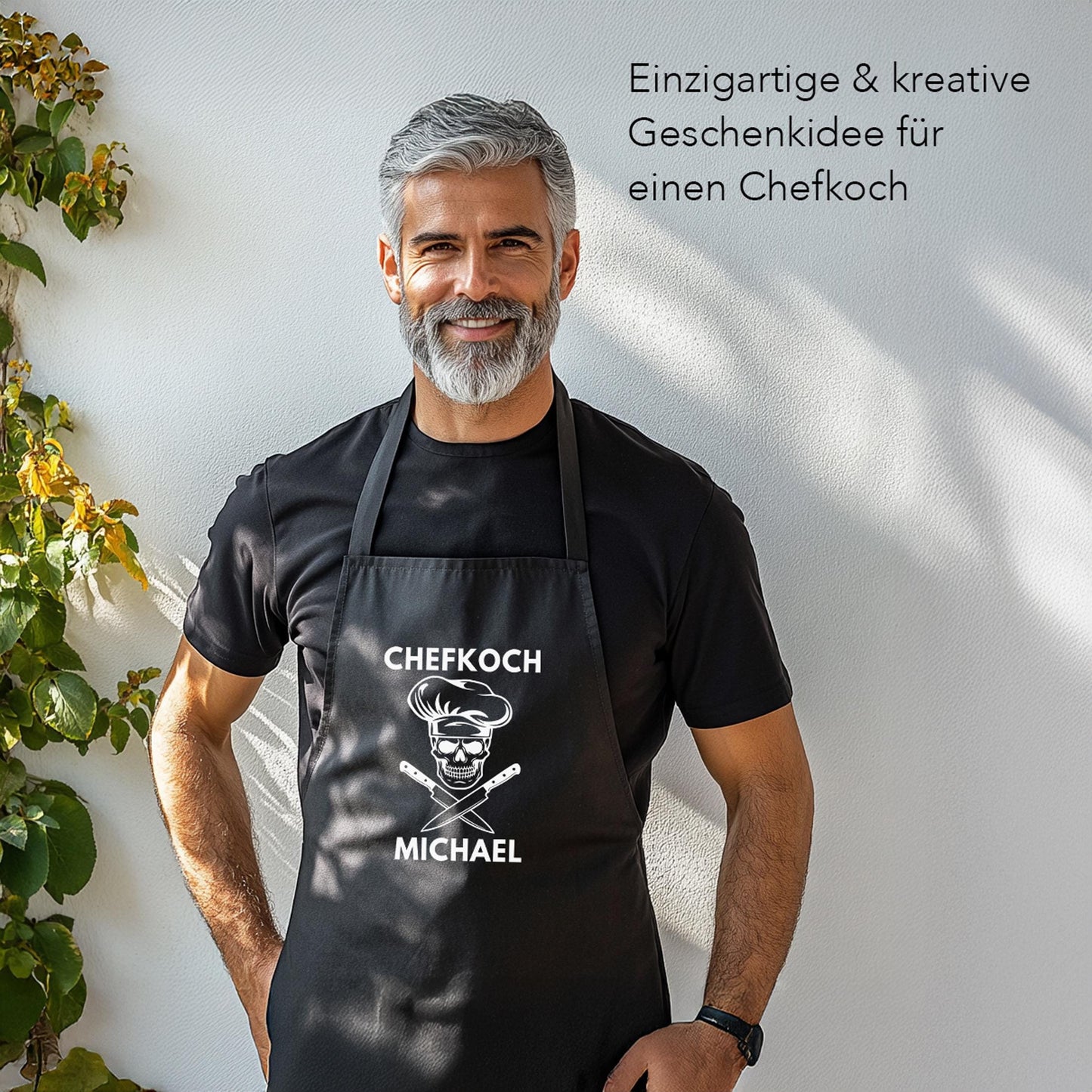 Chefkoch Kochschürze Mann Schürze personalisiert Küchenschürze Männer Geschenk Koch Grillschürze Schwarz
