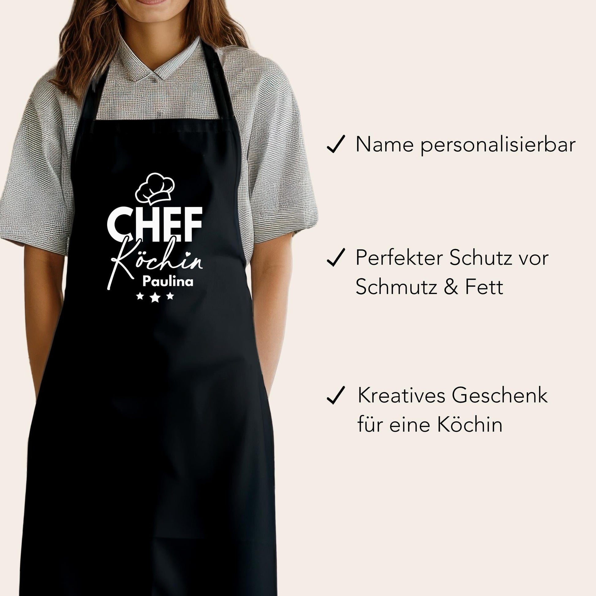 Schürze Damen personalisiert Kochschürze für Frauen lustiges Geschenk Chefköchin Köchin Küchenschürze Backschürze Schwarz