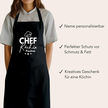 Schürze Damen personalisiert Kochschürze für Frauen lustiges Geschenk Chefköchin Köchin Küchenschürze Backschürze Schwarz