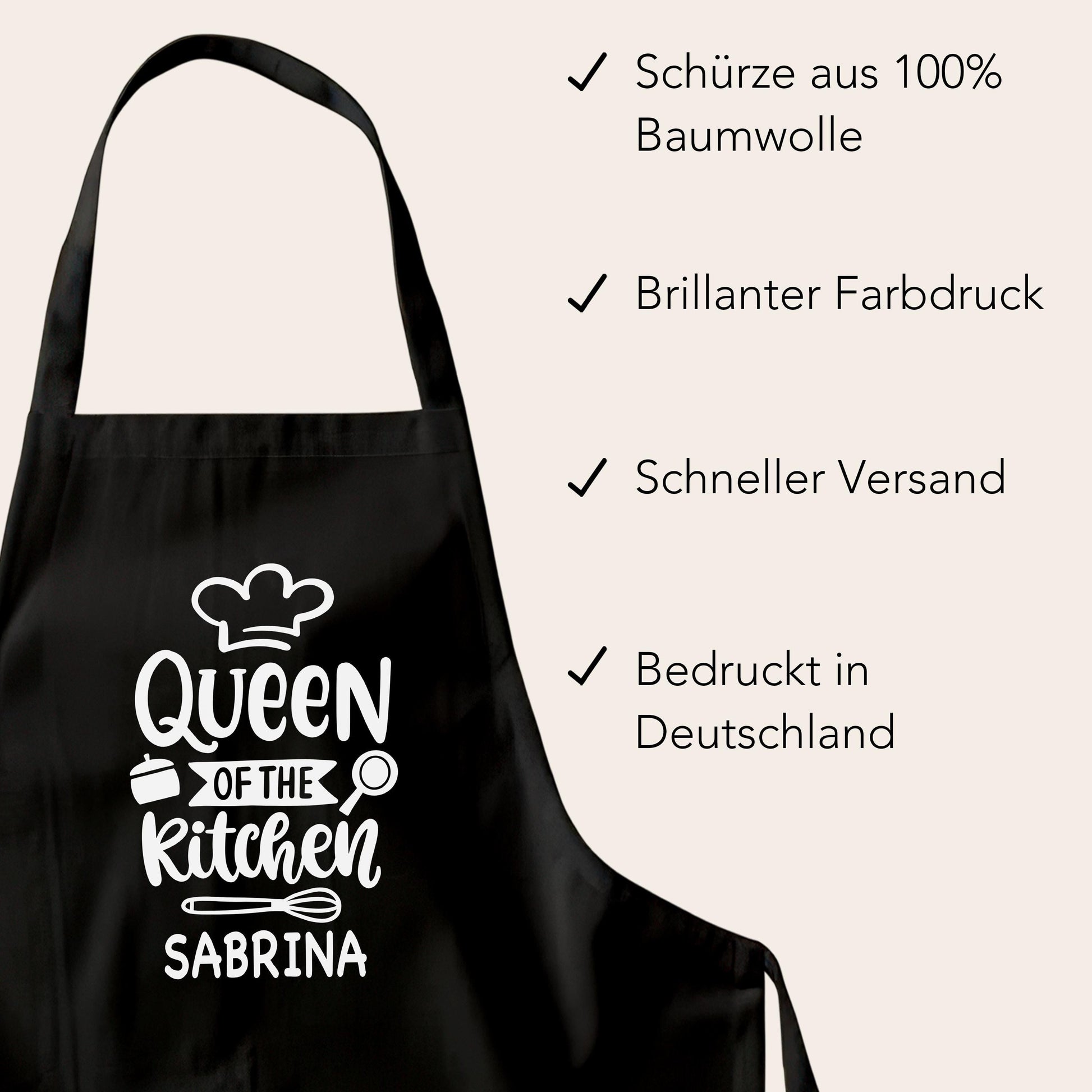 Kochschürze Damen personalisiert Schürze für Frauen lustiges Geschenk "Queen of the kitchen" Küchenschürze Backschürze Schwarz