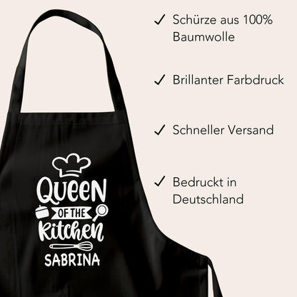 Kochschürze Damen personalisiert Schürze für Frauen lustiges Geschenk "Queen of the kitchen" Küchenschürze Backschürze Schwarz