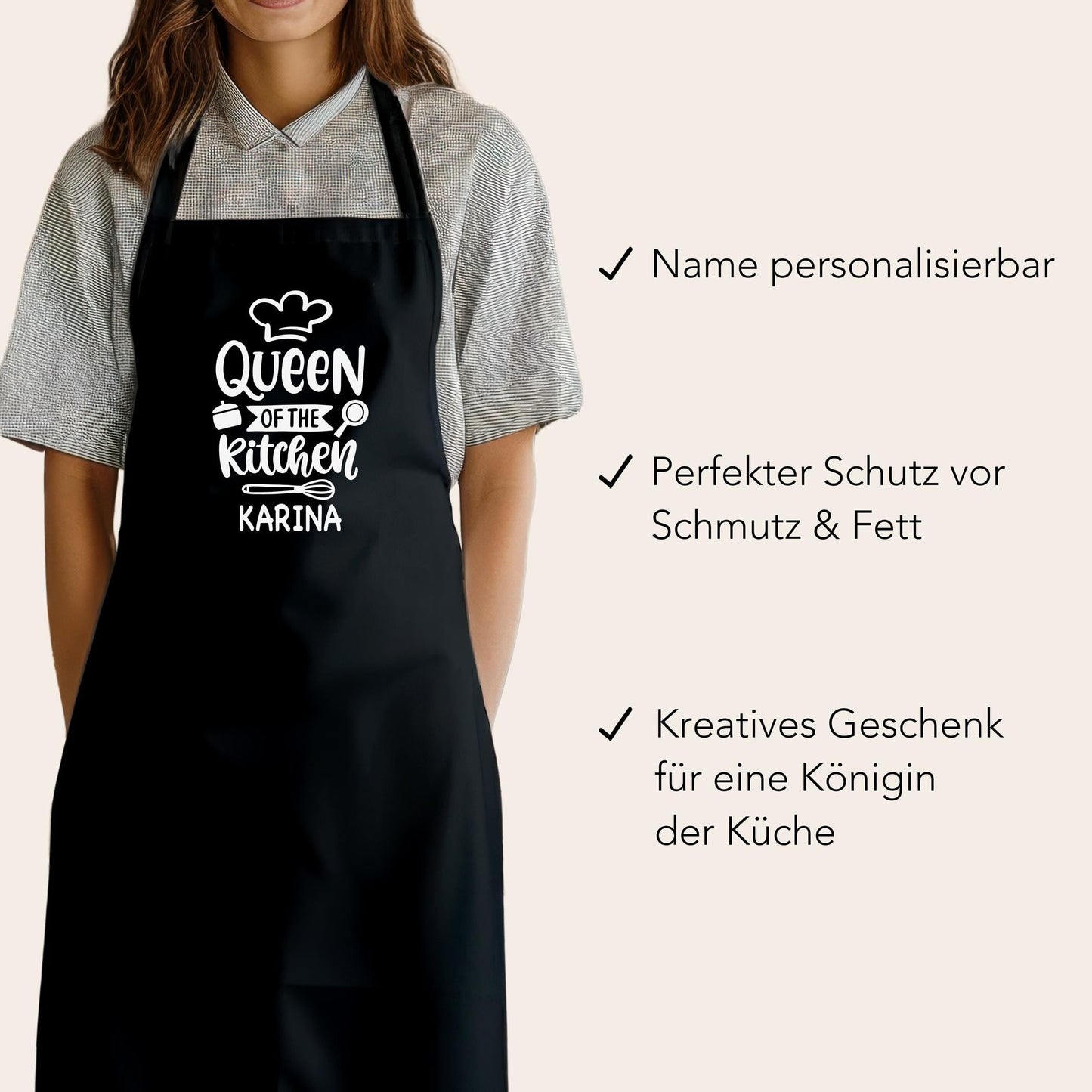 Kochschürze Damen personalisiert Schürze für Frauen lustiges Geschenk "Queen of the kitchen" Küchenschürze Backschürze Schwarz