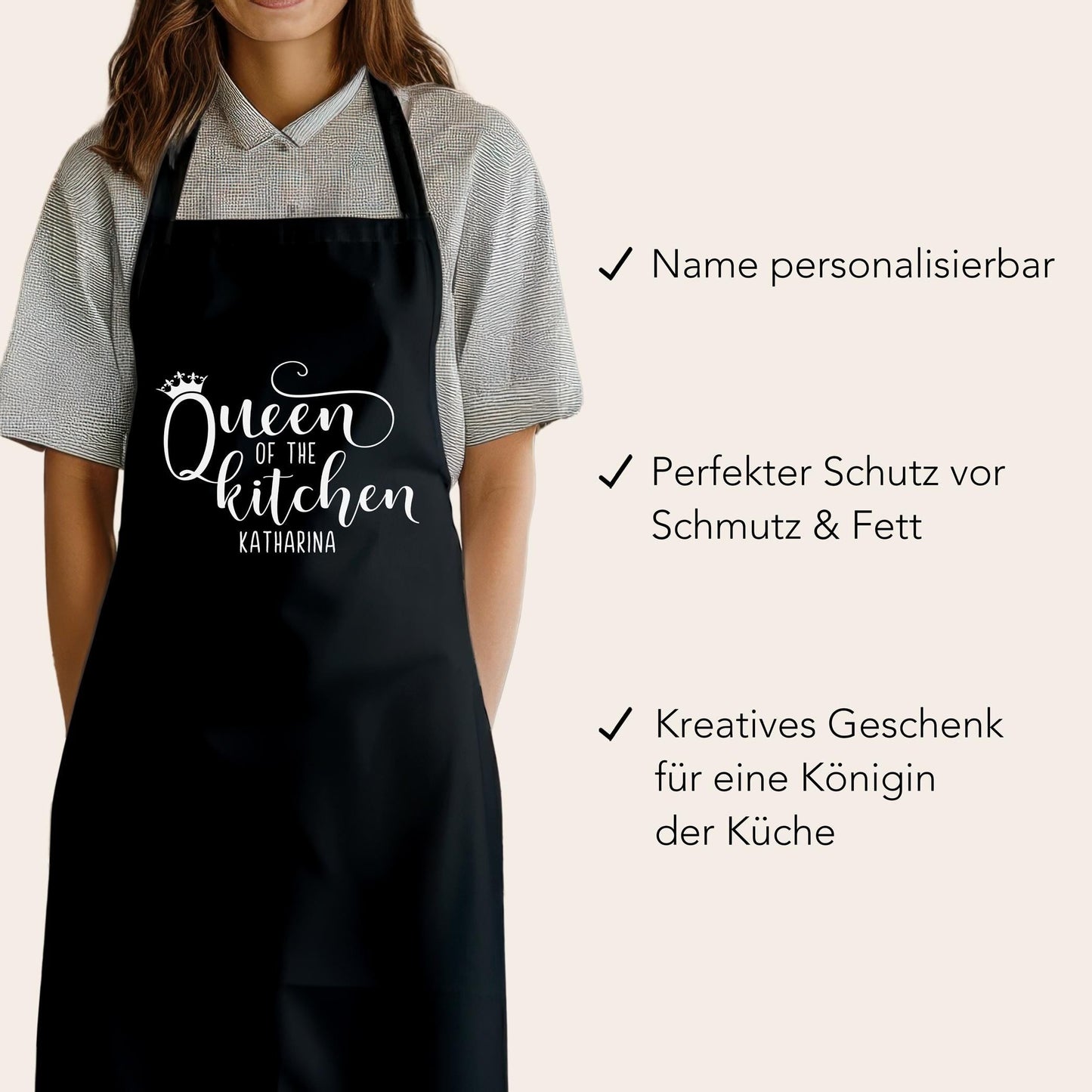 Schürze Damen personalisiert Kochschürze für Frauen lustiges Geschenk "Queen of the kitchen" Küchenschürze Backschürze Schwarz