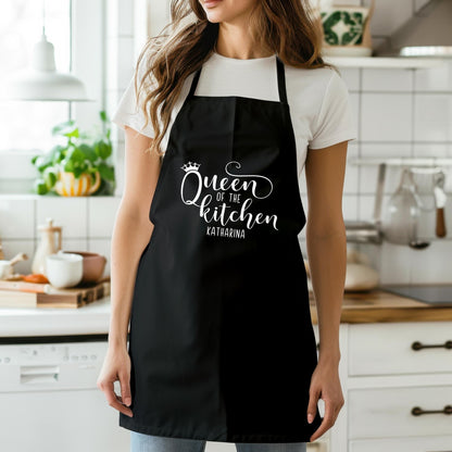 Schürze Damen personalisiert Kochschürze für Frauen lustiges Geschenk "Queen of the kitchen" Küchenschürze Backschürze Schwarz