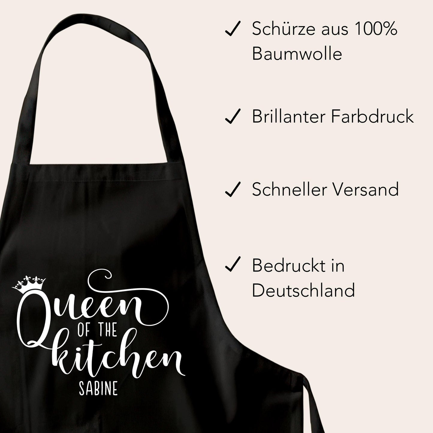 Schürze Damen personalisiert Kochschürze für Frauen lustiges Geschenk "Queen of the kitchen" Küchenschürze Backschürze Schwarz