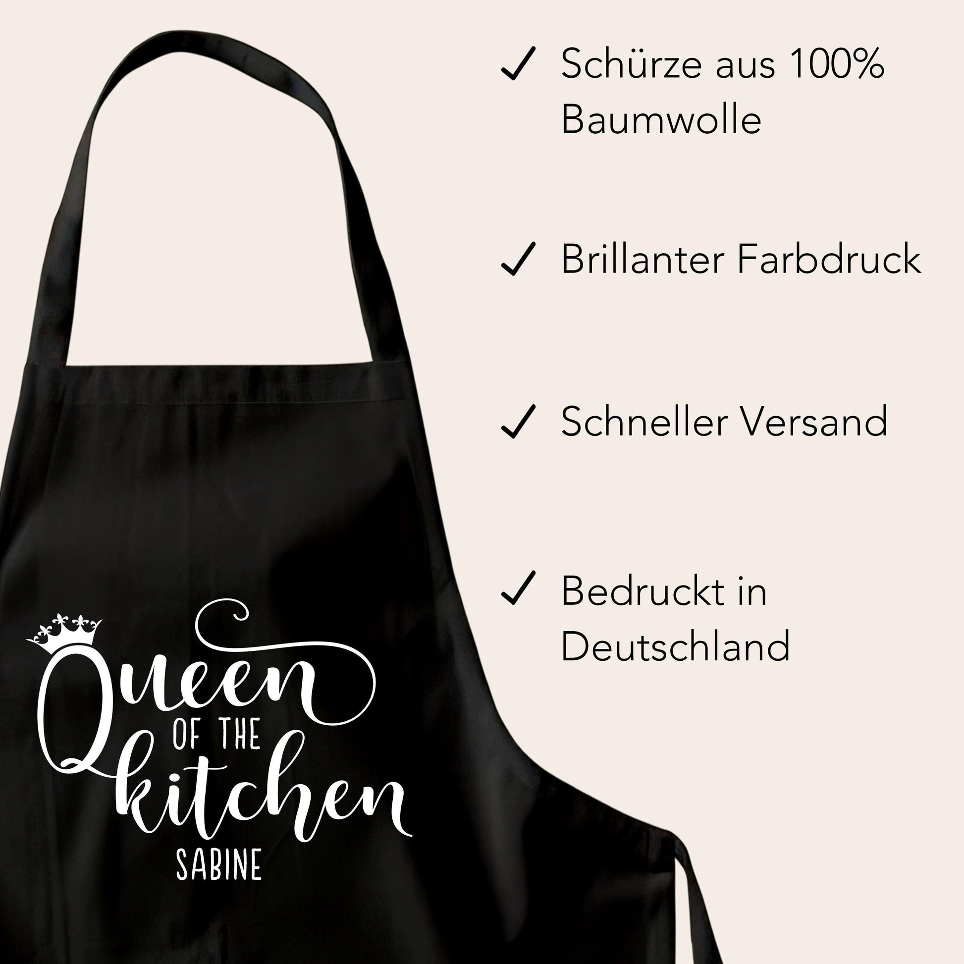 Schürze Damen personalisiert Kochschürze für Frauen lustiges Geschenk "Queen of the kitchen" Küchenschürze Backschürze Schwarz